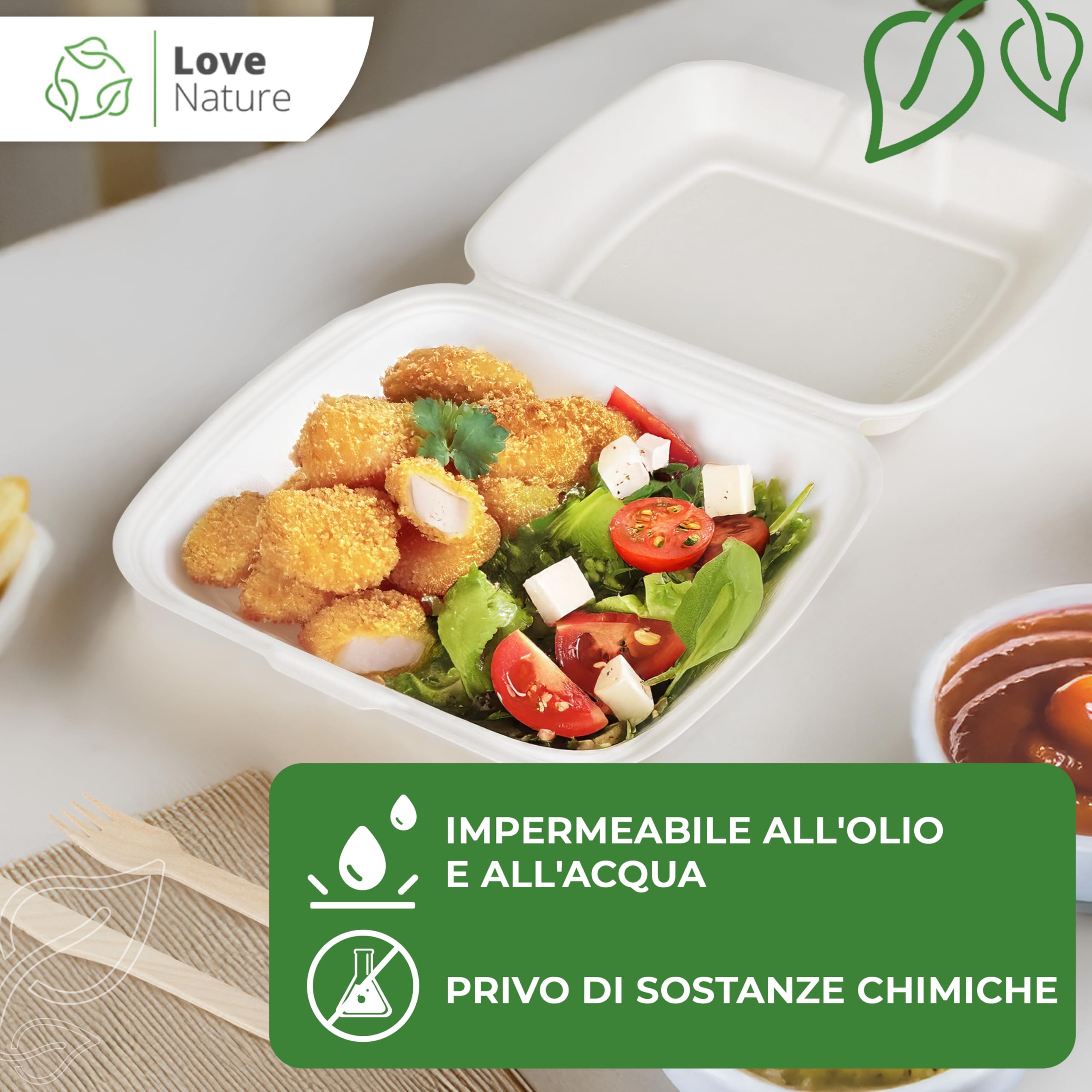 Love Nature Biodegradabili Contenitori per Alimenti 1 Compartimento 50 Pezzi - Contenitori per Alimenti Usa e Getta - Contenitori asporto - Contenitore per Cibo da Asporto