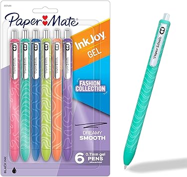 Paper Mate InkJoy Gel Pens, Fashion Barrels, Retractable, Medium Point 0.7mm, Smooth Writing, Black Ink, 6 Count - Trendy Office Supplies