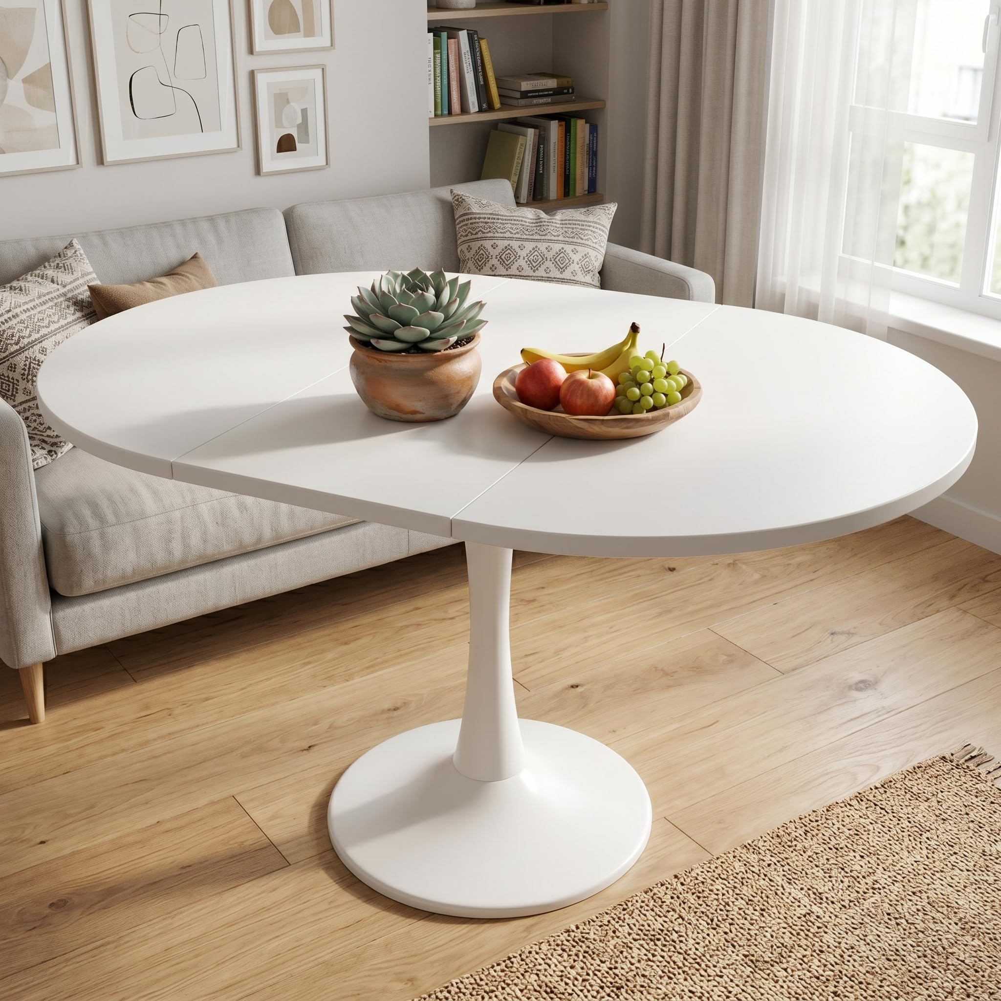 Tavolo da pranzo allungabile, 100/140 x 100 x 75 cm, bianco, rotondo, da cucina, da giardino, per piccoli appartamenti o ambienti multifunzione