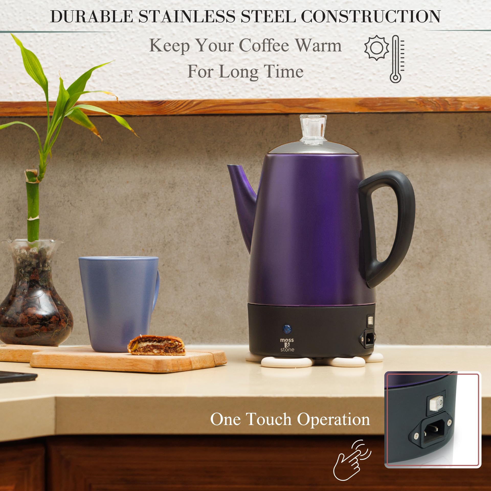 Moss & Stone Percolatore elettrico da 10 tazze, in acciaio inox, con funzione di mantenimento del calore, classico vaso con cestello rimovibile, per casa o ufficio