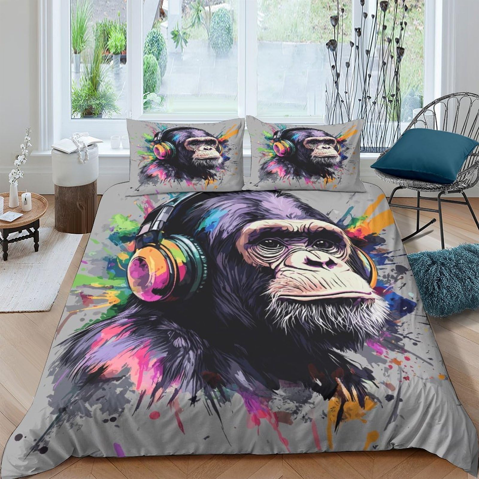 3D Printed Chimp with headphones Duvet Cover Premium Polyester vibrant pop art Bed Cover Quick Drying for Housewarming Gift New Homeowners Bedroom Bedding Use Double（200x200cm）