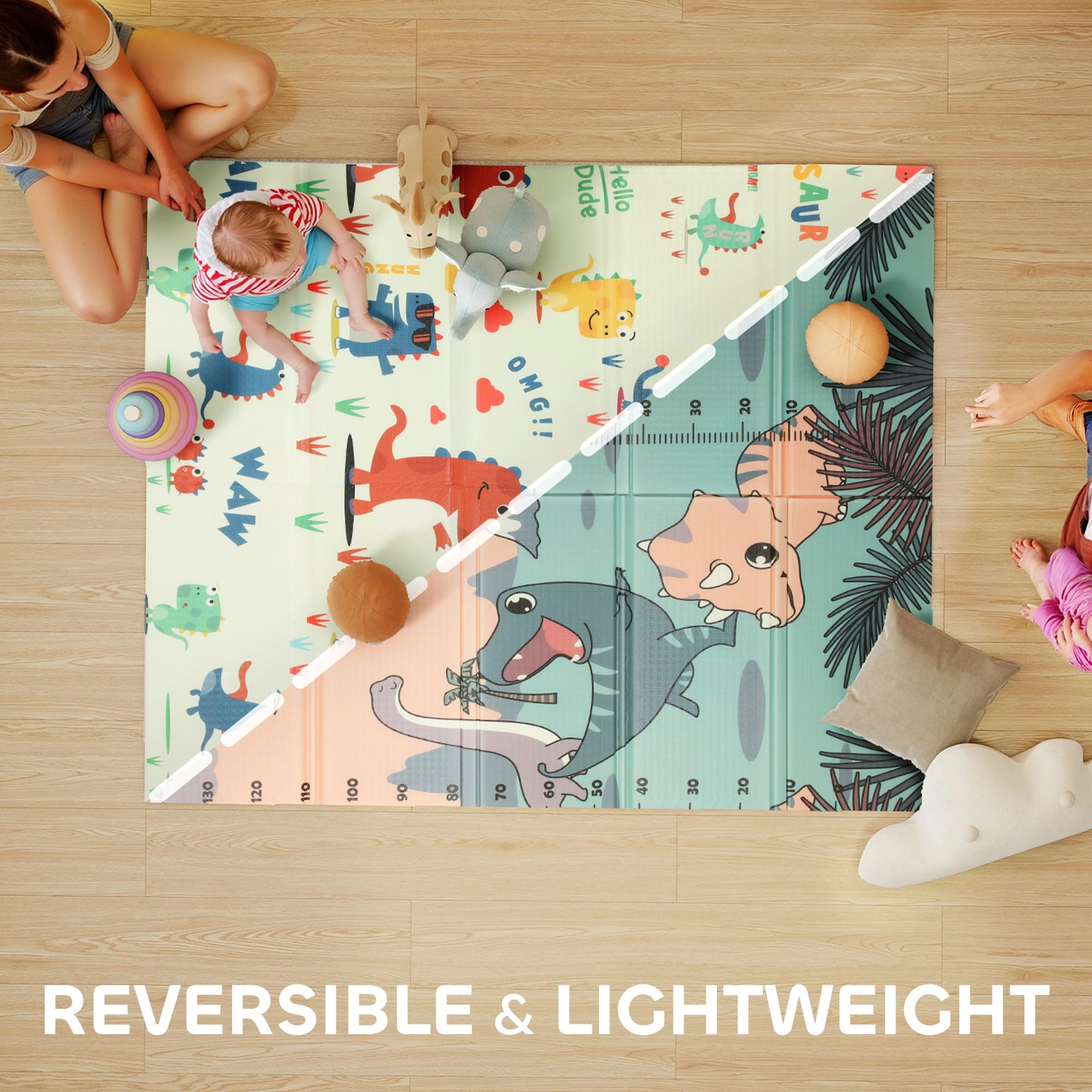 AIYAPLAY Baby-Spielmatte faltbar 177 x 146 x 1,5 cm Dinosaurier-Motiv | Doppelseitig, wendbare Spielmatte, wasserdichte Schaumstoff-Krabbelmatte, für Innen & Außen Picknick
