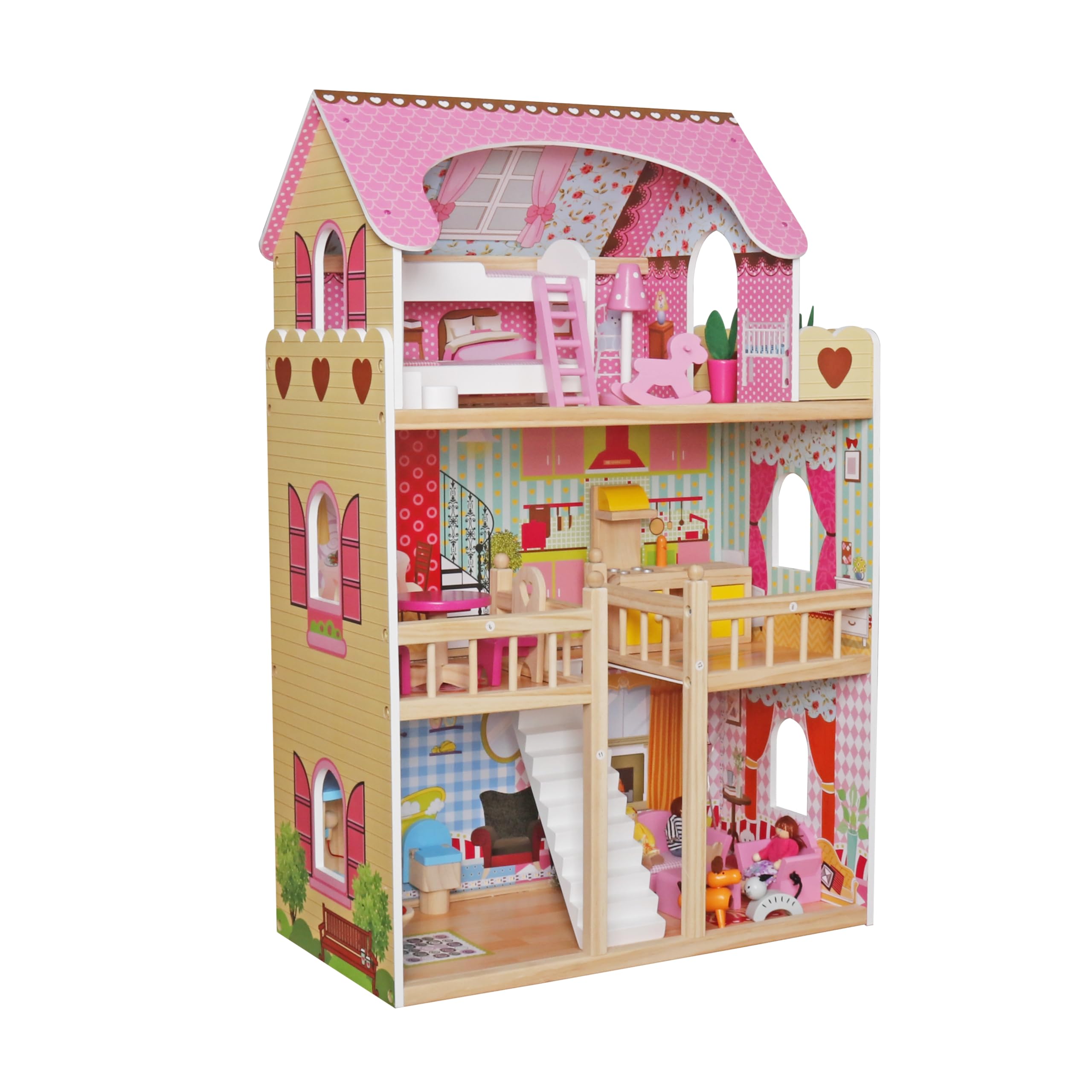 Large Wooden Play Doll House With Accessories & Furniture Role Play Doll House 4 Designs Christmas, Birthday Girls Gift (Design 7)