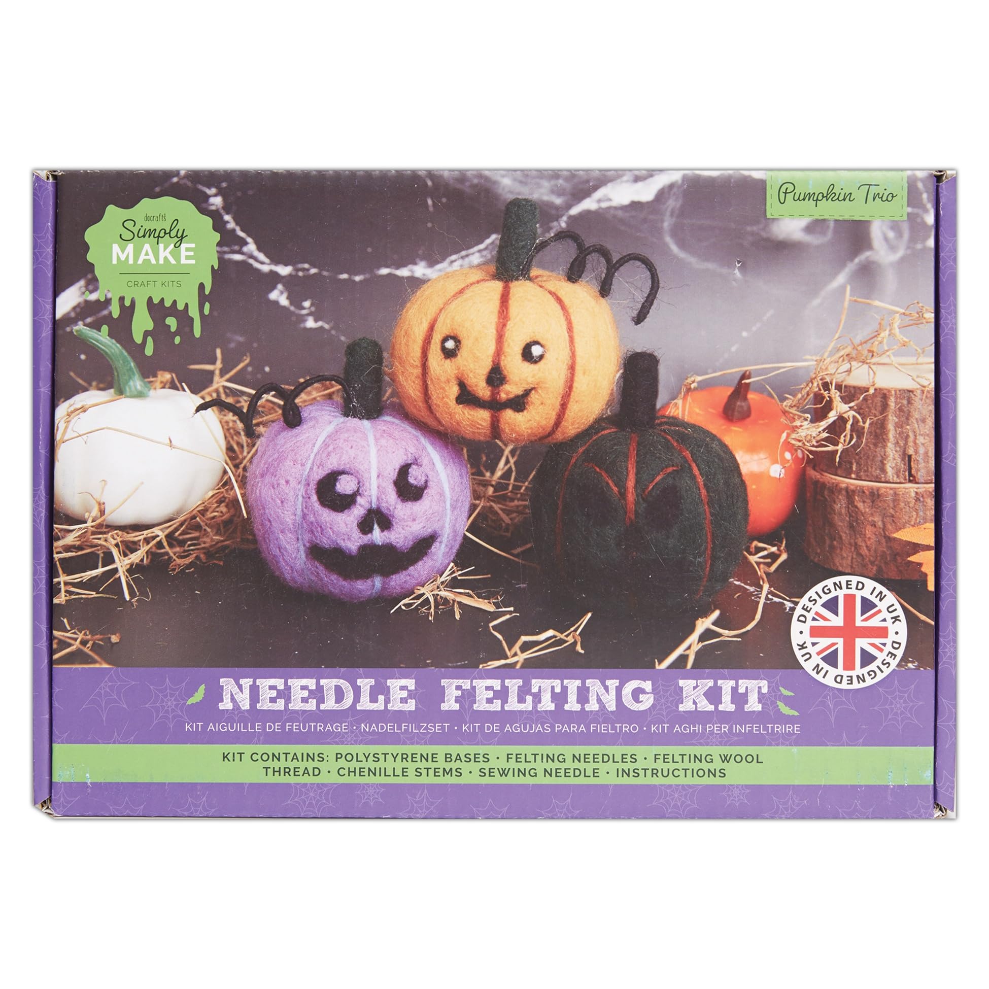 Simply Make Needle Felting Kit Halloween Pumpkin Trio, Including Wool, Needles, Tools