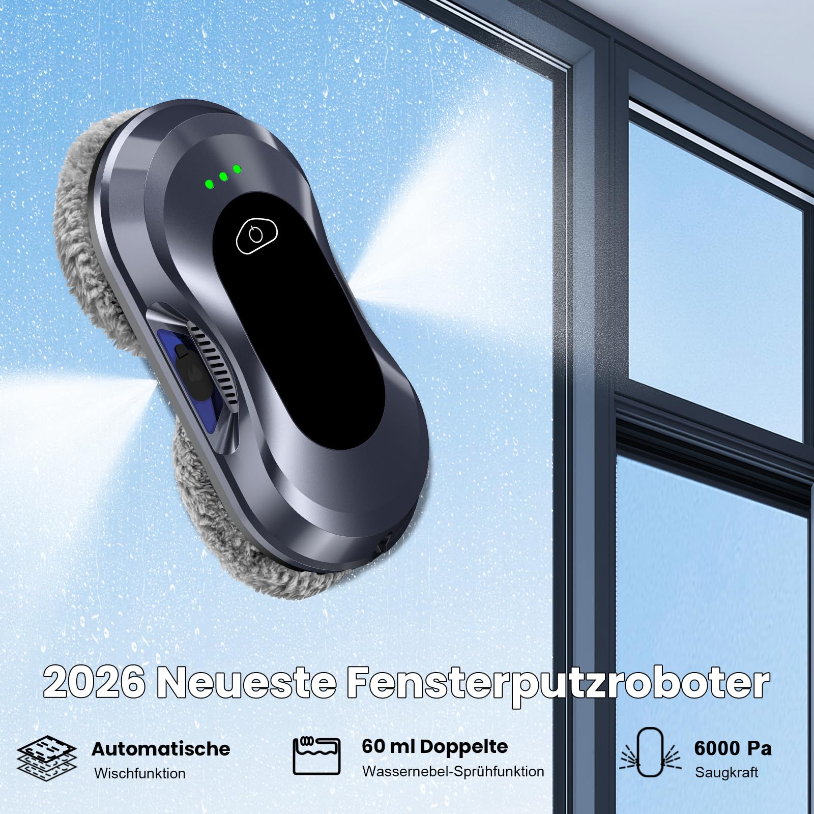 Keero Fensterputzroboter 2026 Neuheit, 6000Pa, Doppeldüsen-Sprühfunktion, <65dB, Sicherheitssystem, Intelligente Navigation, 10 Reinigungstücher, Für Fenster/Fliesen zu Hause