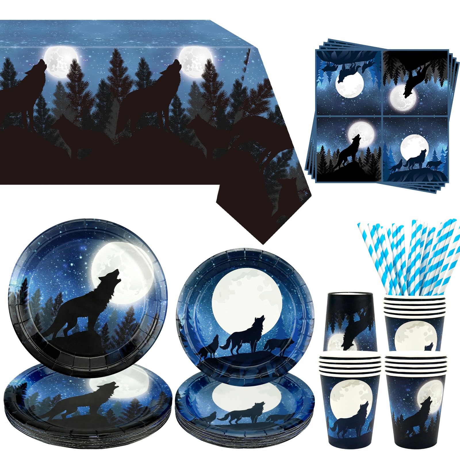 Obussgar Wolf Party Decoration - Wolf Party Tableware Supplies Includes Plates, Cups, Napkins, Tablecloth, Straws - Serves 20