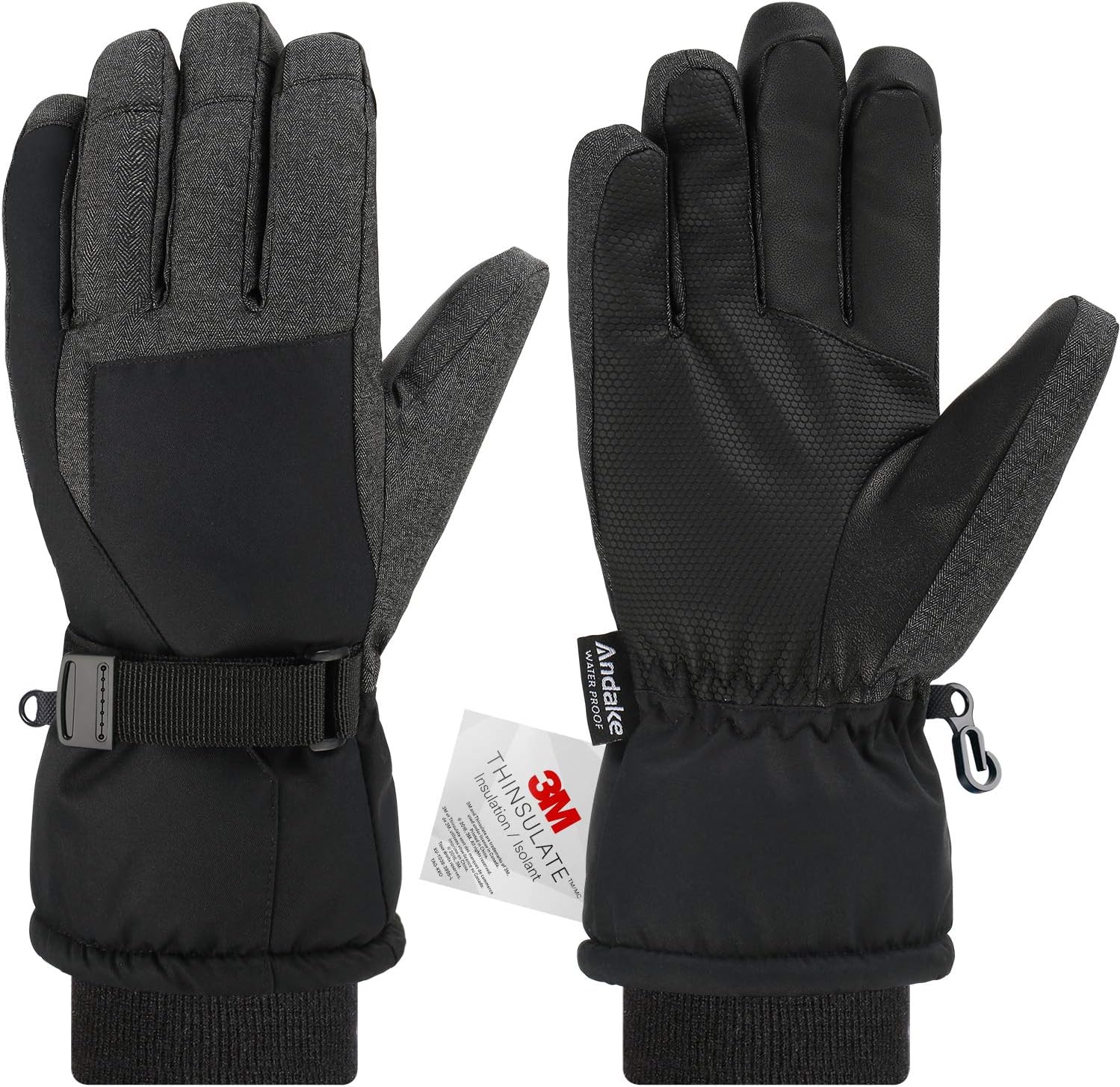Andake Women Men Ski Gloves 3M Thinsulate Insulated Thermal Warm Snow Gloves Waterproof Windproof Non-Slip PU Palms Men's Winter Gloves for Skiing Snowboarding Riding Climbing Skating