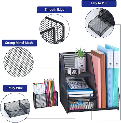 Miniatura 2 de Topwey Organizadores de escritorio con soporte para archivos organizador de bandeja de papel de 2 niveles con cajón y 2 soportes para bolígrafos