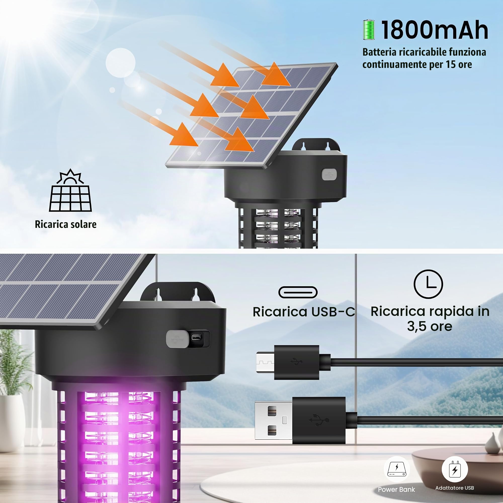 Lampada antizanzare a energia solare, confezione da 2, impermeabile, per esterni, con accensione/spegnimento automatico, senza fili, da giardino, colore: nero