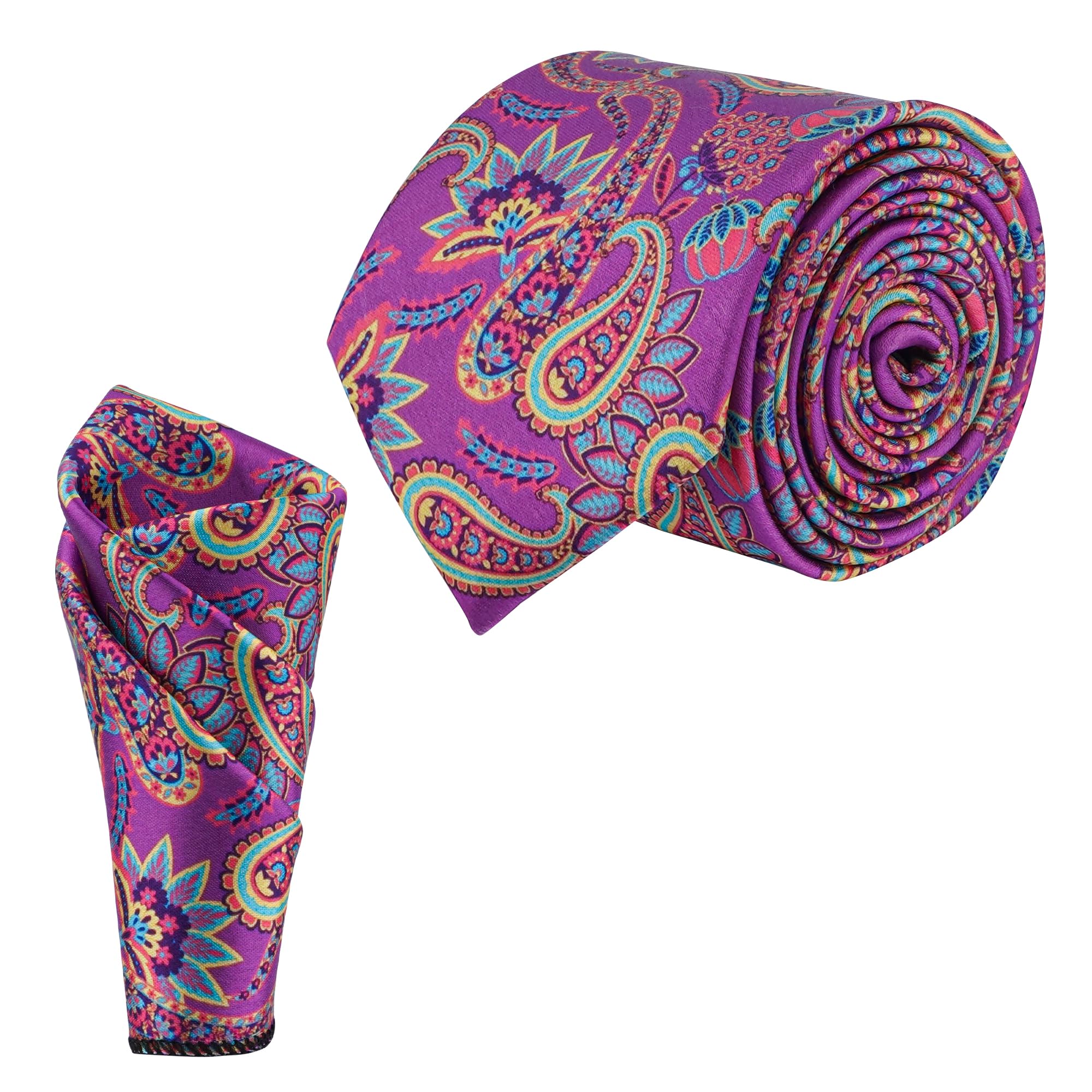calixto Satin Paisley Printed Neck Tie for Men with Matching Pocket Square – Elegant Formal Necktie Set for Weddings, Business (Pack of 2)-picture-31