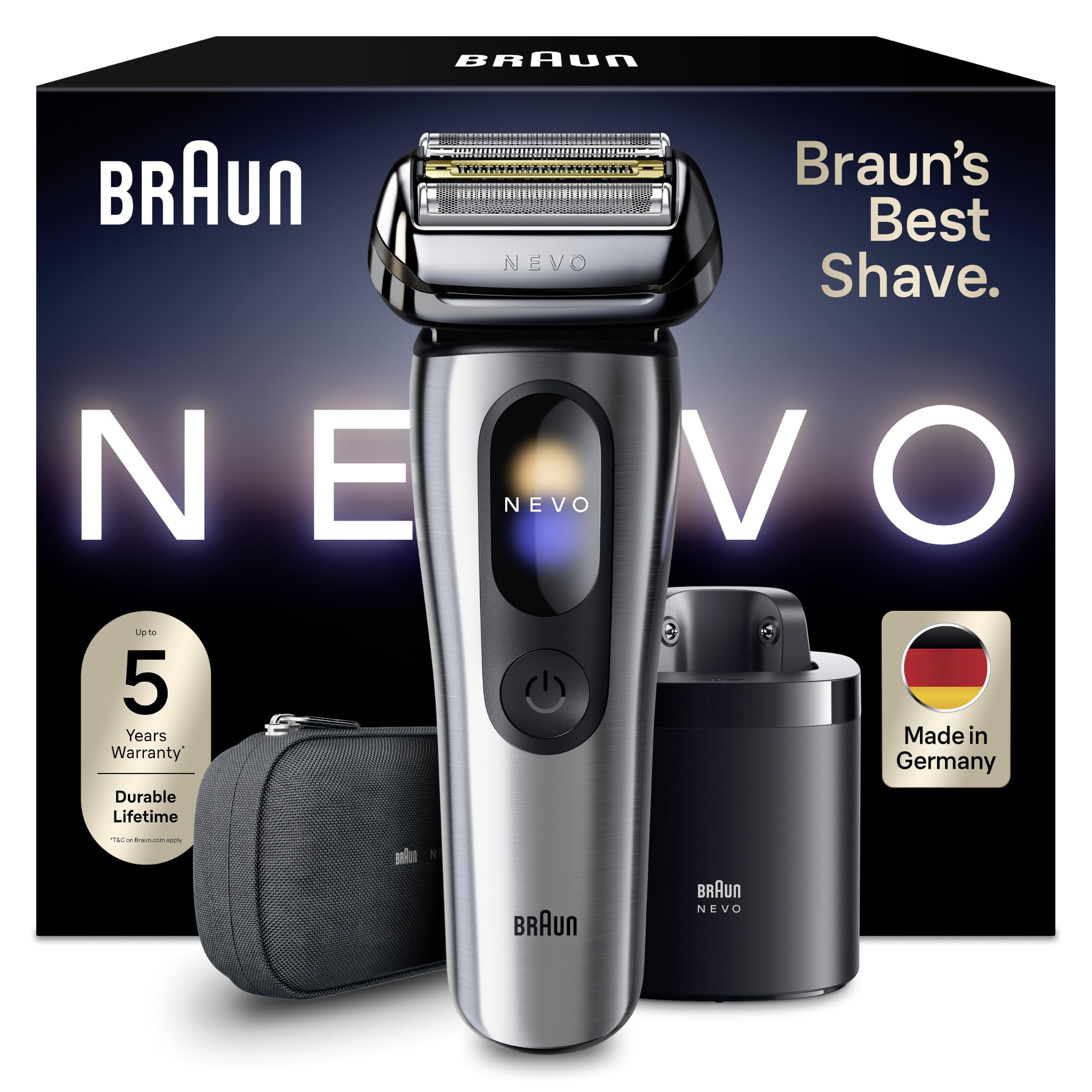 Braun NEVO Rasoio Elettrico Barba, Custodia Da Viaggio, NEVO11005C, Argento | Regolabarba Uomo Impermeabile, Rasatura Senza Compromessi, Tecnologia Aerotouch, S