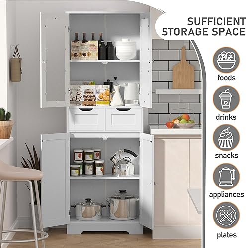 Miniatura 8 de Betterhood Armario de Almacenamiento de Baño de 67 Pulgadas de Alto, Gabinete de Ropa Blanca Independiente con Puertas de Vidrio y Estantes, Armario