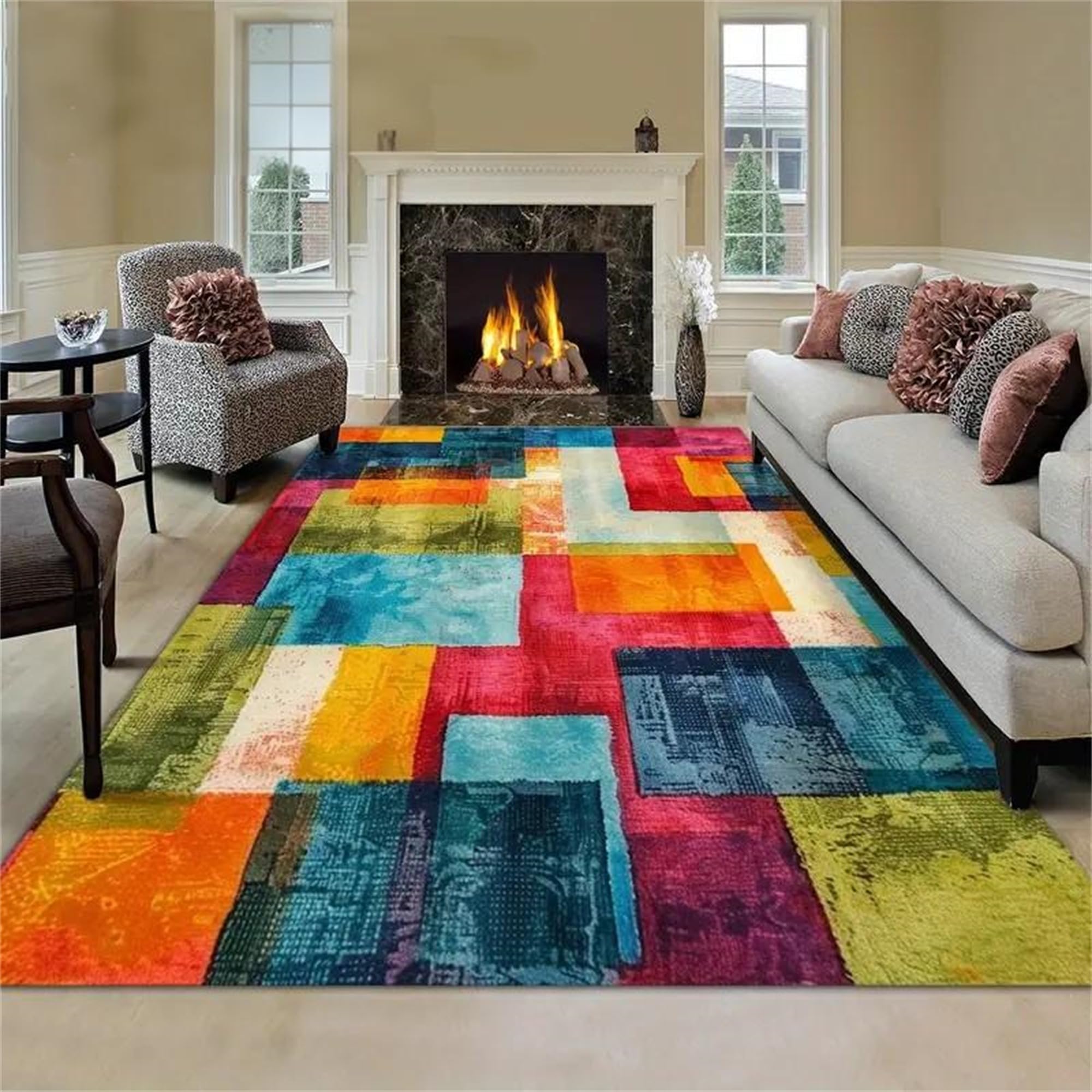 Abstract Geometric Area Rug, 100x150cm Vintage Colorful Plaid Patchwork Stylish Artistic Living Room Carpet, Soft Non-Slip Washable Throw Rugs for Living Rooms Entryways Offices With Hardwood Floors