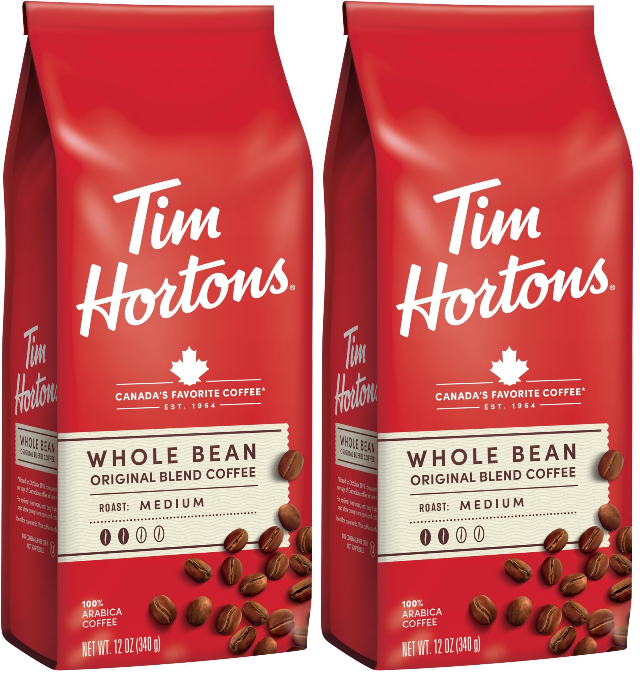 Tim Hortons Whole Bean Original, Medium Roast Coffee, Made with 100% Arabica Beans, 32 Ounce Bag (Pack of 2)