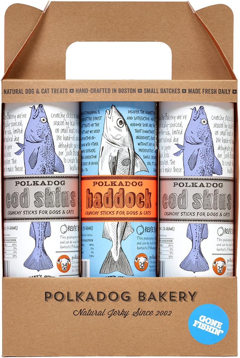 Polkadog Gone Fishin’ 3-Pack Cod, Haddock Skin Dog Treats, Cat Snacks – Includes Two 2.5 oz. Cod Skins and One Haddock 2 oz. – All-Natural