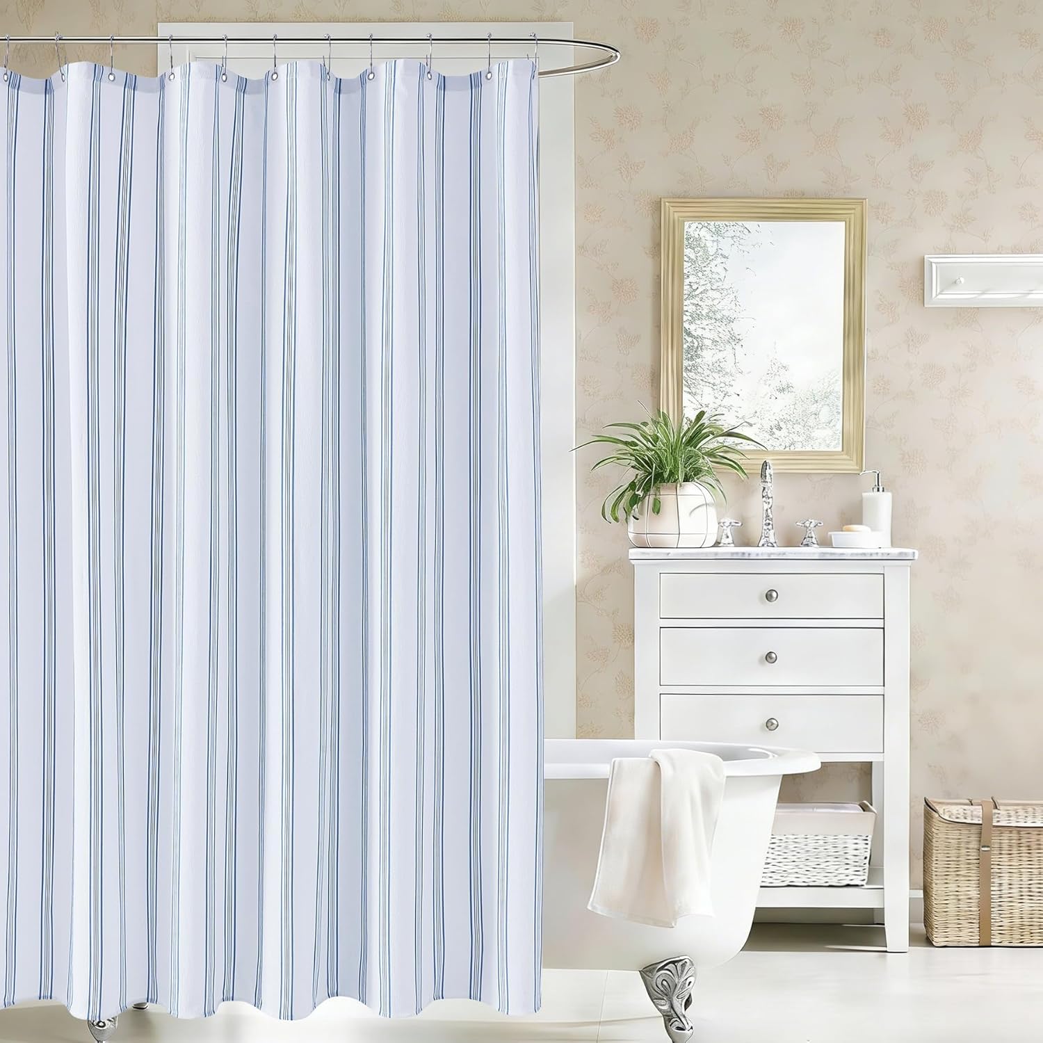 ORTIGIA Blue and White Striped Shower Curtain with 12 Metal Hooks, Crinkled Lightweight Textured Fabric Modern Farmhouse Minimalist Shower Curtain for Bathroom 72x78 Inch
