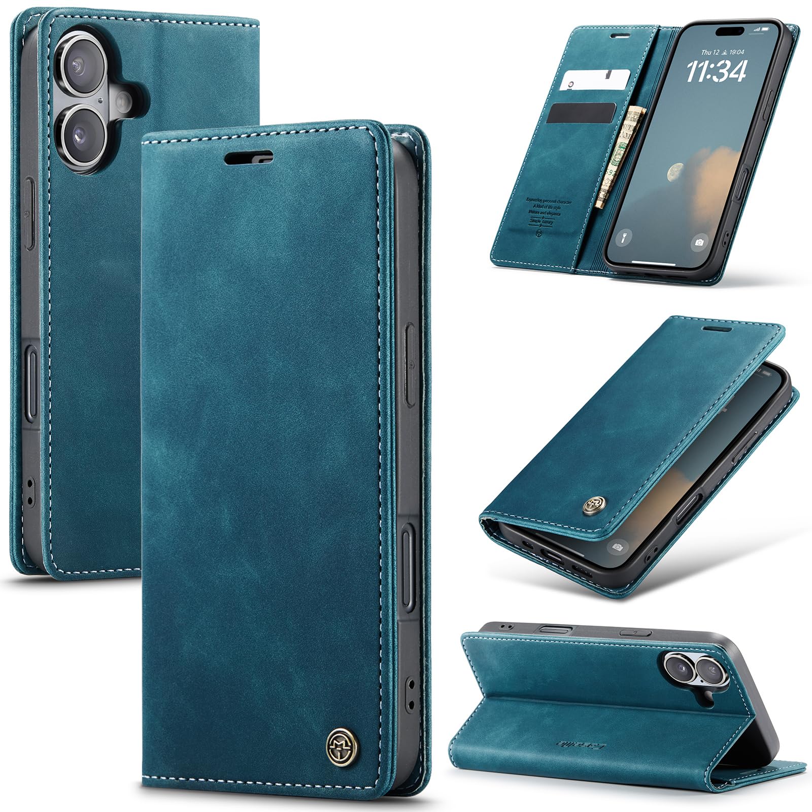 Azororo Cover per iPhone 16 Plus 5G, Premium PU Pelle Custodia, Magnetica Carta Fessura Portafoglio Case, Flip Cavalletto Custodia per iPhone 16 Plus - Blu verde