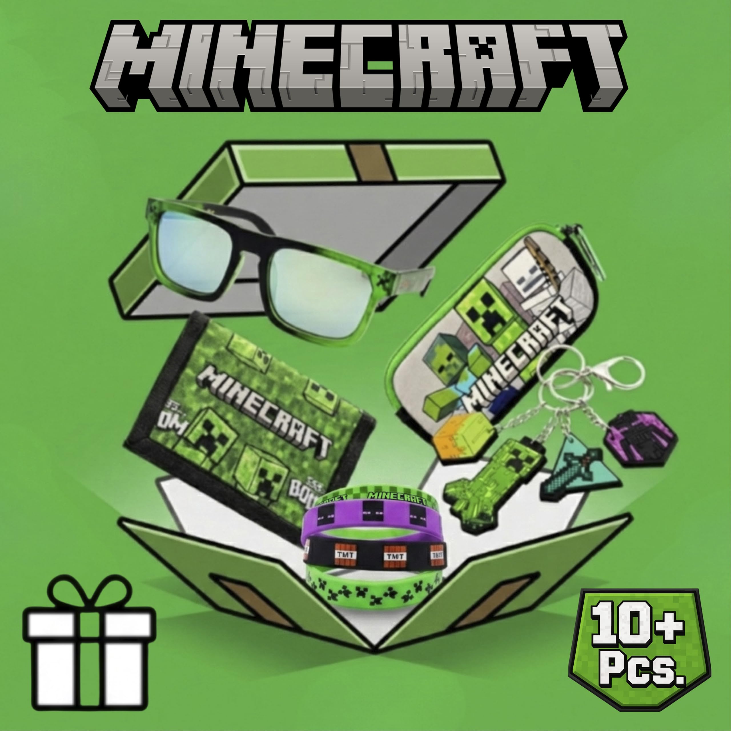ARKAID Minecraft Mega - Juego de regalo para niños, más de 10 piezas, incluyendo cartera de tres pliegues, gafas de sol UV 400, funda protectora, 4 pulseras más llavero con 4 dijes oficiales de