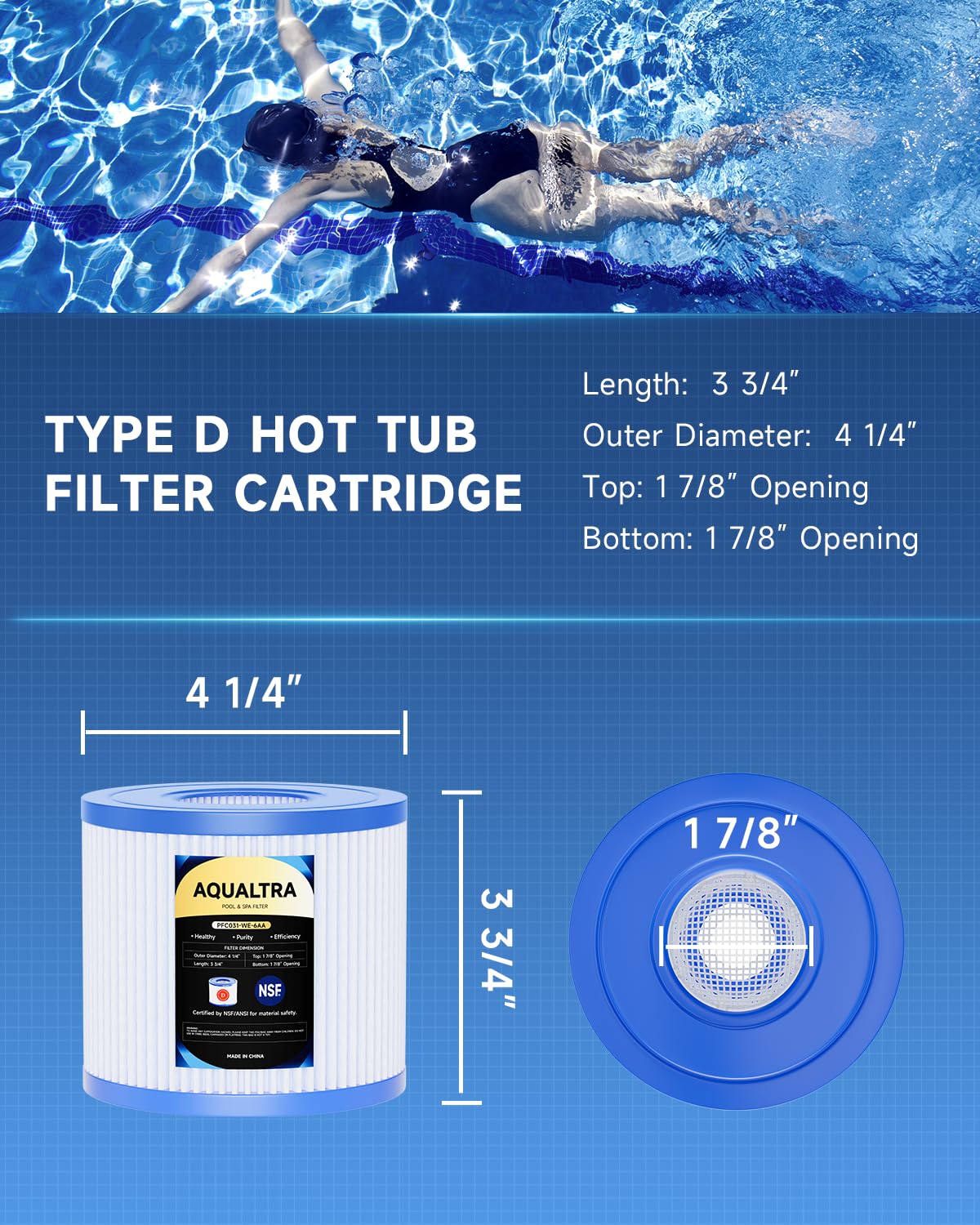 AQUALTRA Tipo D Cartucho Piscina Compatible con Tipo D, P57100102, P57000104, 95mm x 108mm Filtros de Piscina sobre el Suelo 6 Piezas