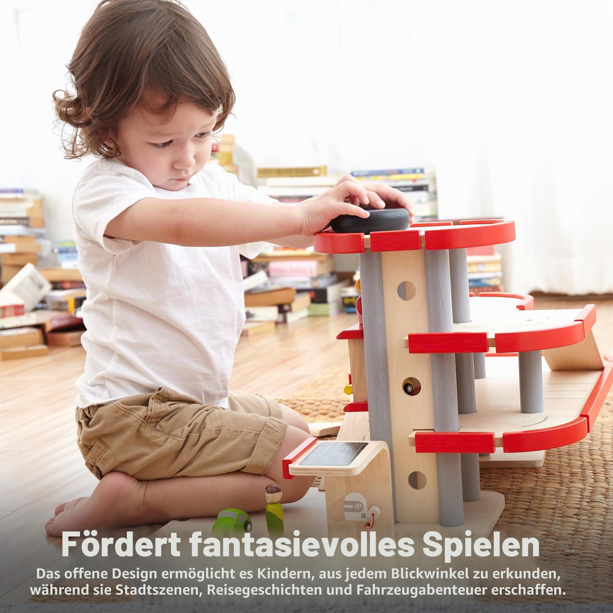 PlanToys Parkhaus für Kinder 3 jahre - Autobahn Kinder inkl. 2 Autos - Autorennbahn aus Holz - Parkgarage Holz - nachhaltiges Holzspielzeug