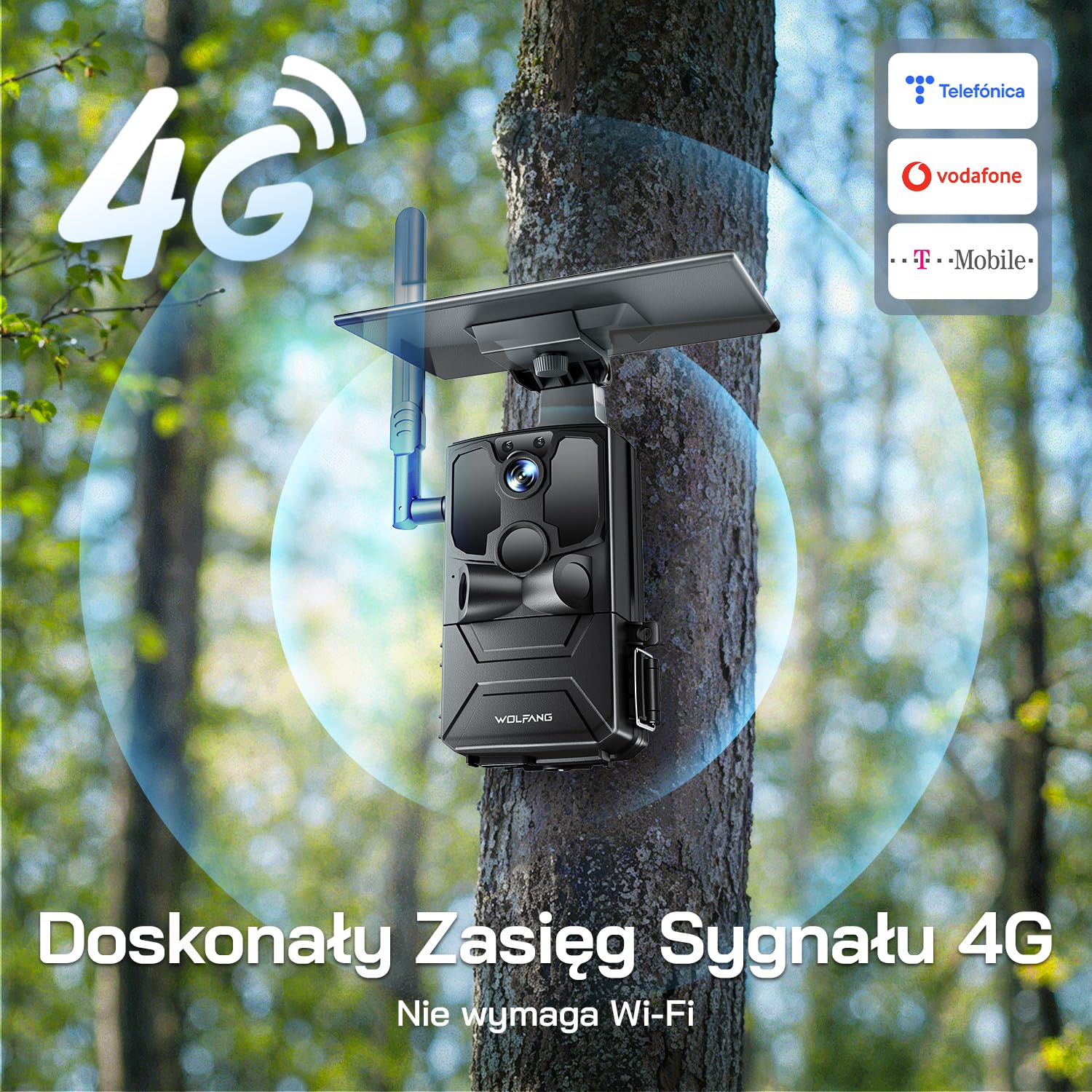 WOLFANG 4G LTE Wildlife Solarcamera 2.5K, Trailcamera met Uitstekend Nachtzicht, 0,2 s Activeringstijd, IP66 Waterdicht, Voor Wildlife Monitoring met Micro SD-kaar i SIM, czarny