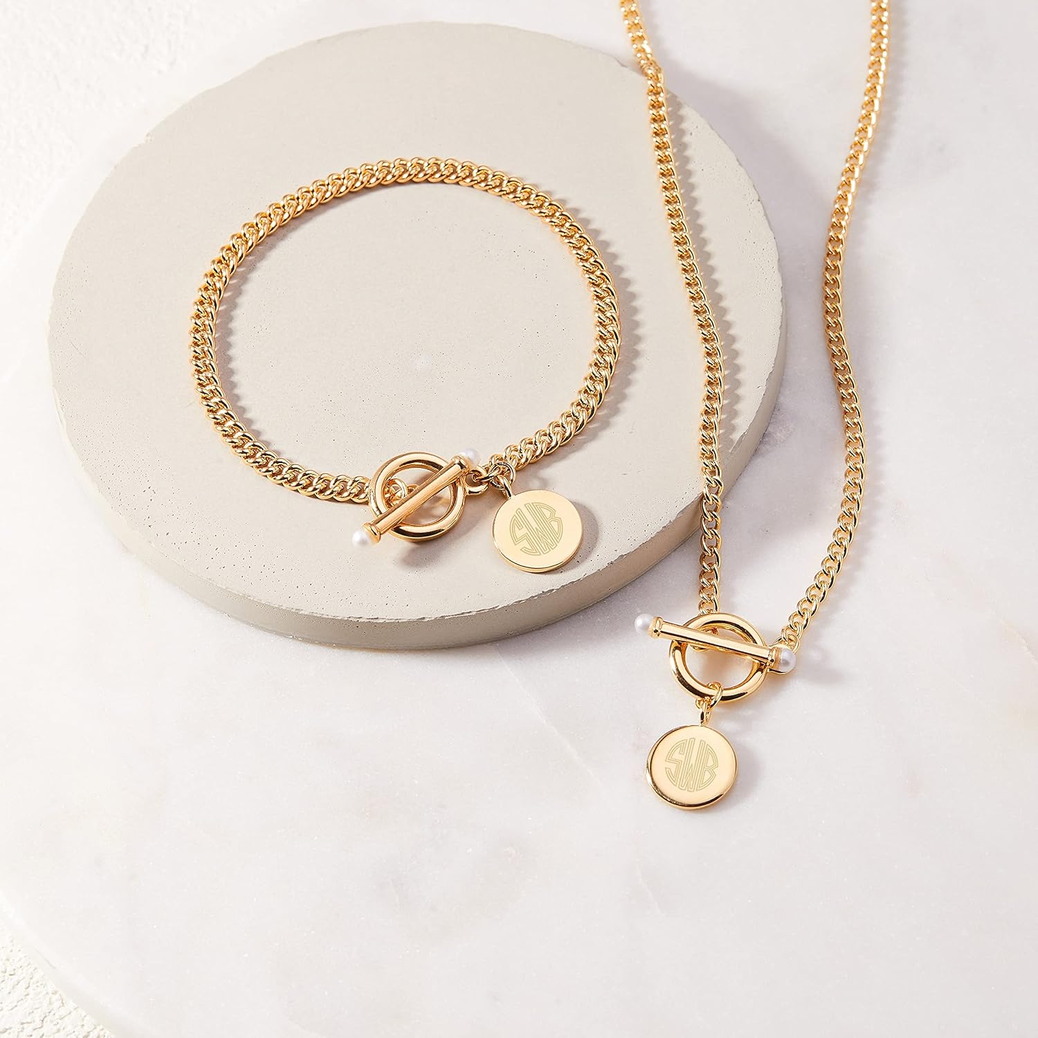 Brook & York Stella Pearl Custom Engraved Gold Toggle Bracelet (7" long bracelet) - Monogram Gift for Her - Initial Bracelet - Bridesmaid Jewelry Gift - Gift for Her - Gifts for Mom