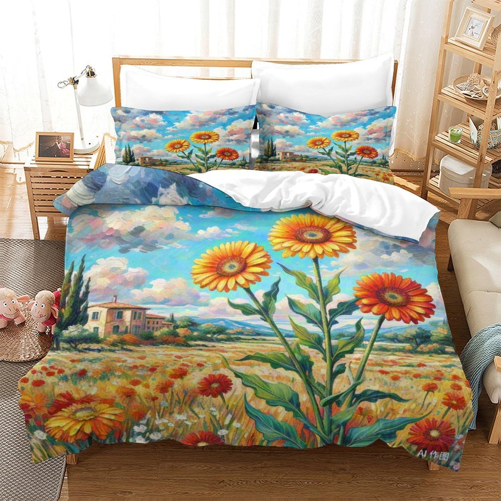 Housse de couette gerbéra pour chambre d'enfant et ado, linge de lit doux zippé 260x220cm