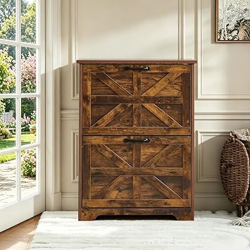 Shoe Cabinet with 2 Flip-Up Drawers, Adjustable Wooden Shoe Organizer with Shelf, Hidden Storage Cabinet for Entryway, Hallway, Living Room, Brown
