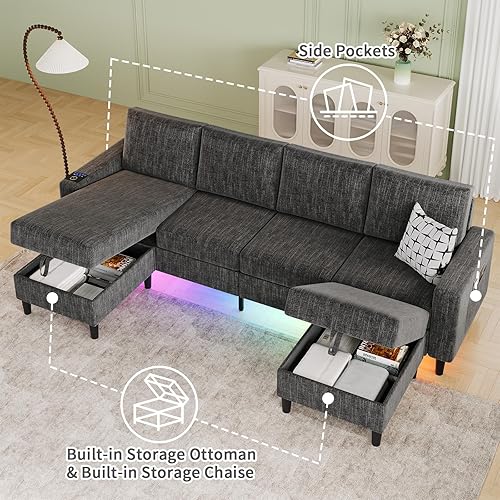 Miniatura 5 de Sofás seccionales para sala de estar, sofá seccional de tela de lino suave de 6 asientos con otomana de almacenamiento, sofá moderno convertible en