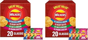 Walkers Classic Variety Crisps Multipack   20 x 25g Snack Bags   Ready Salted, Cheese & Onion, Salt & Vinegar, Prawn Cocktail   100% British Potatoes 2x Walker Classic x20 red box