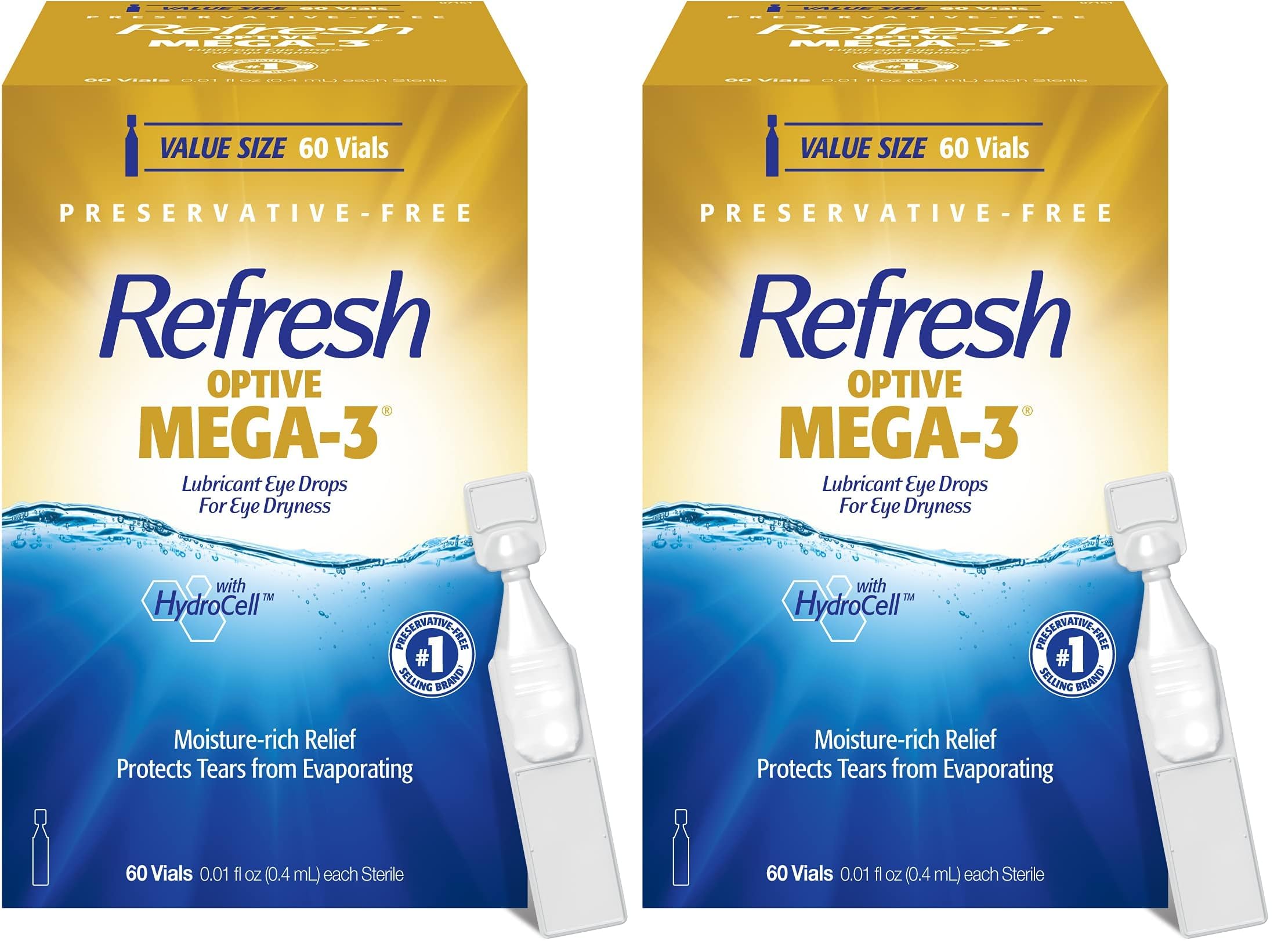 Refresh Eye Drops, Lubricant, Artificial Tears, Preservative-Free | Optive MEGA-3 | 60 Containers | Single-Use | 0.01 fl oz