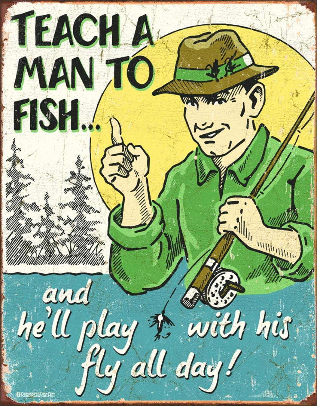Desperate Enterprises Schonberg - Teach A Man to Fish Tin Sign, 12.5" W x 16" H
