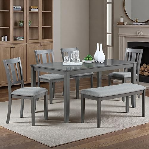 Miniatura 15 de Juego de mesa de comedor de 6 piezas para 4-6 personas, juego de cocina con 4 sillas tapizadas y un banco, sillas de sala de estar con respaldo en