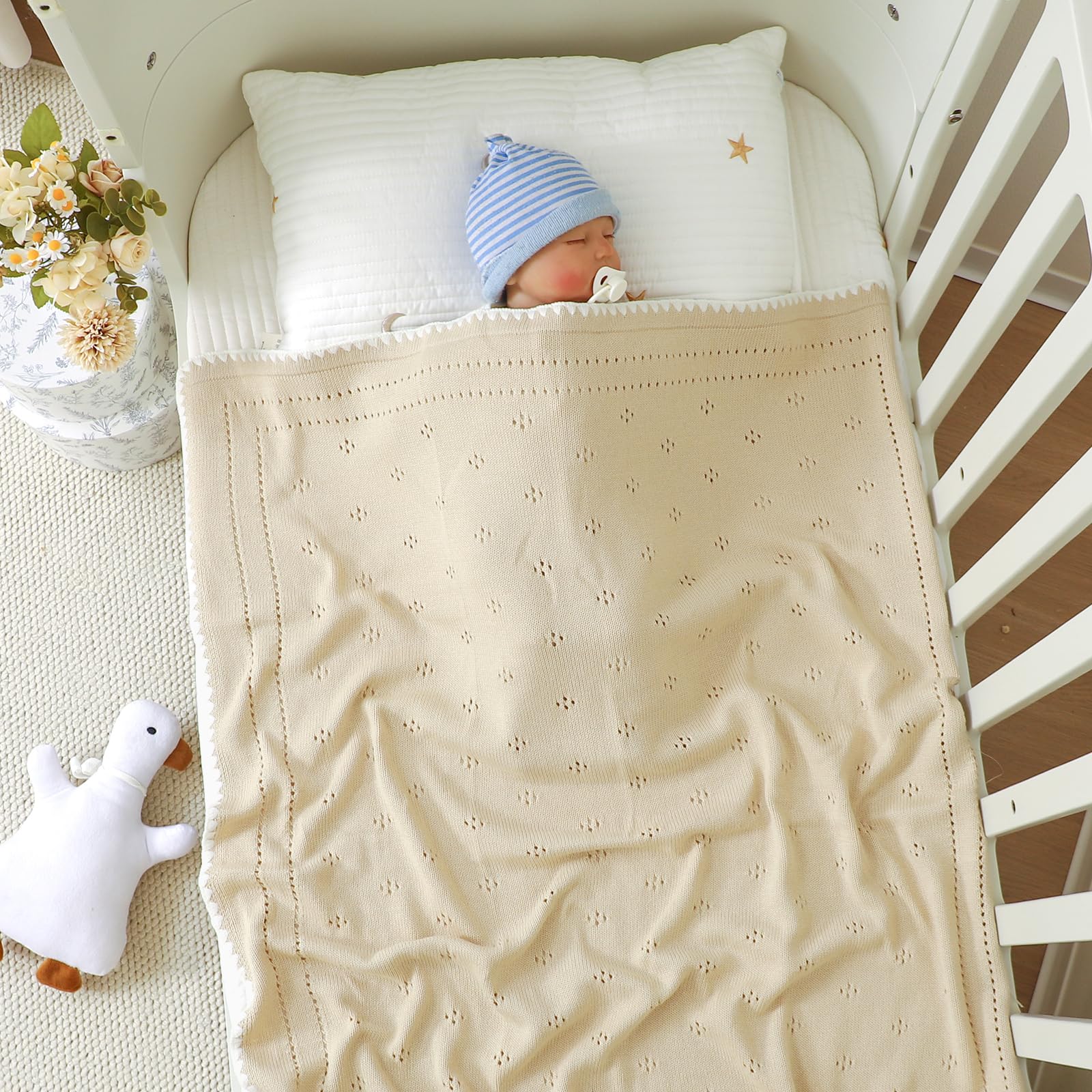 DovFanny 100% Cotton Baby Blanket Knitted Soft Crochet Cellular Blankets for Newborn Boy Girls Toddler with the lovely Edging (Camel) - Image 2