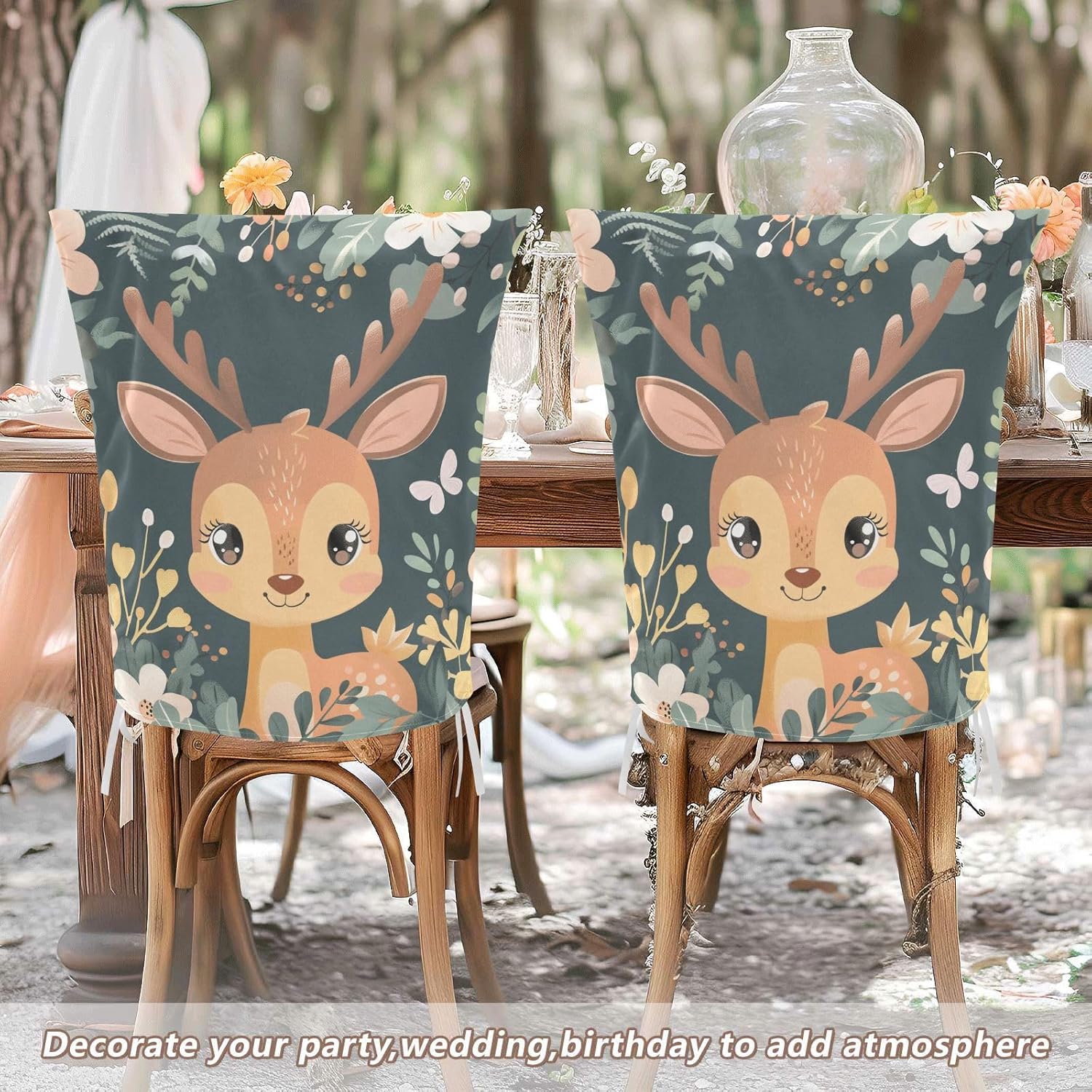 ALAZA Cute Deer Floral Chair Back Cover Set of 6, Washable Reusable Removable Chair Slipcovers Decorative Chair Cover for Home Kitchen Wedding Party
