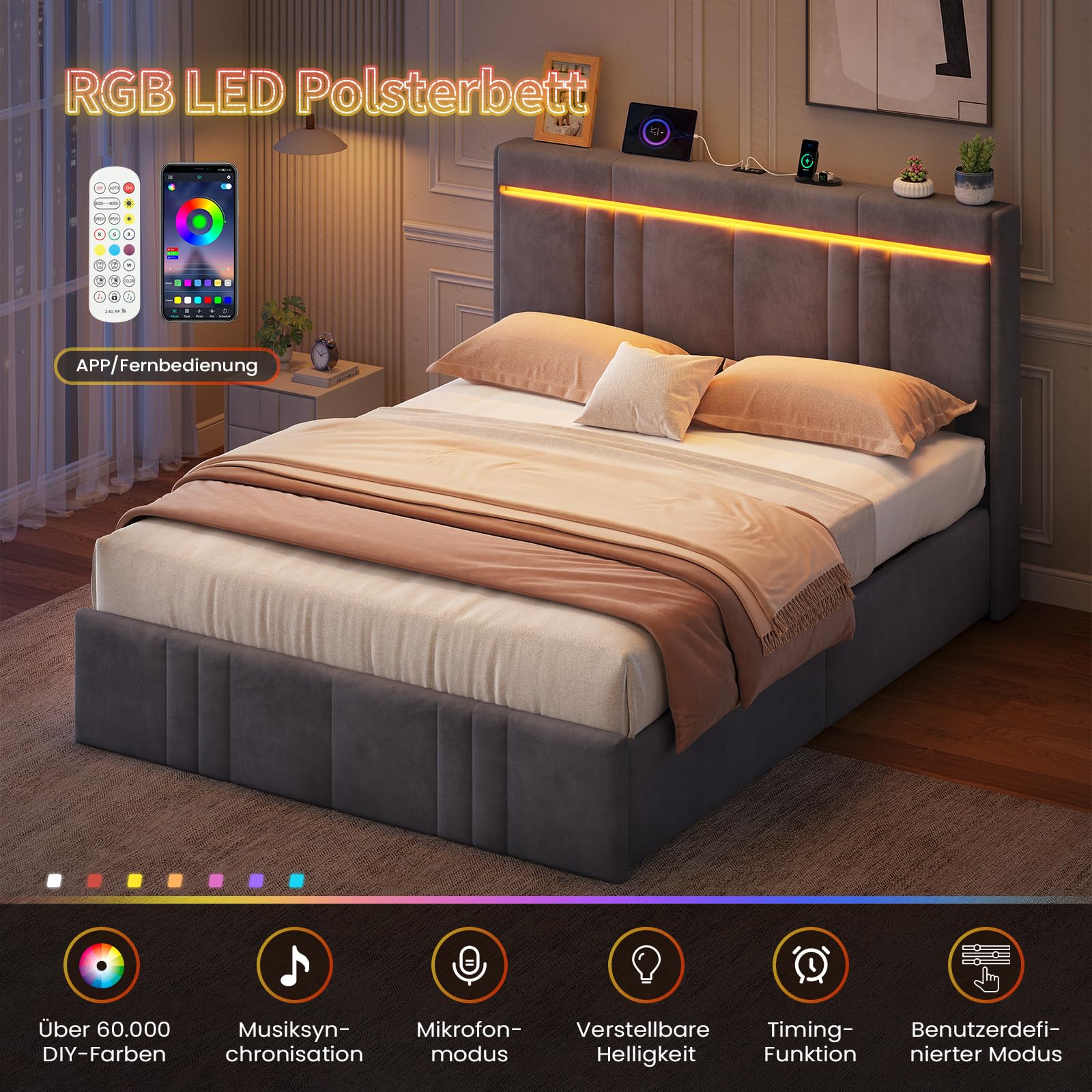 AOGLLATI Letto Matrimoniale con Contenitore 140x200 Letto Contenitore Matrimoniale Con LED Letto Contenitore Idraulico con Stazione Di Ricarica Struttura Letto con Testiera Imbottita Velluto Grigio
