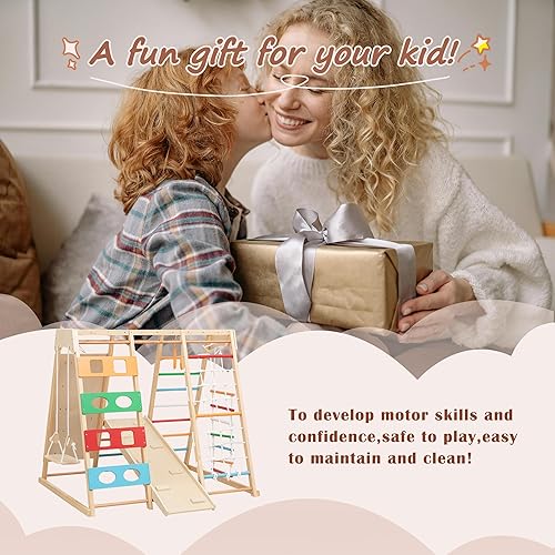 Miniatura 8 de KEIKI Zona de juegos interior 9 en 1, gimnasio de la jungla para niños, juguetes de escalada de madera con tobogán, columpio, barras de mono, red de