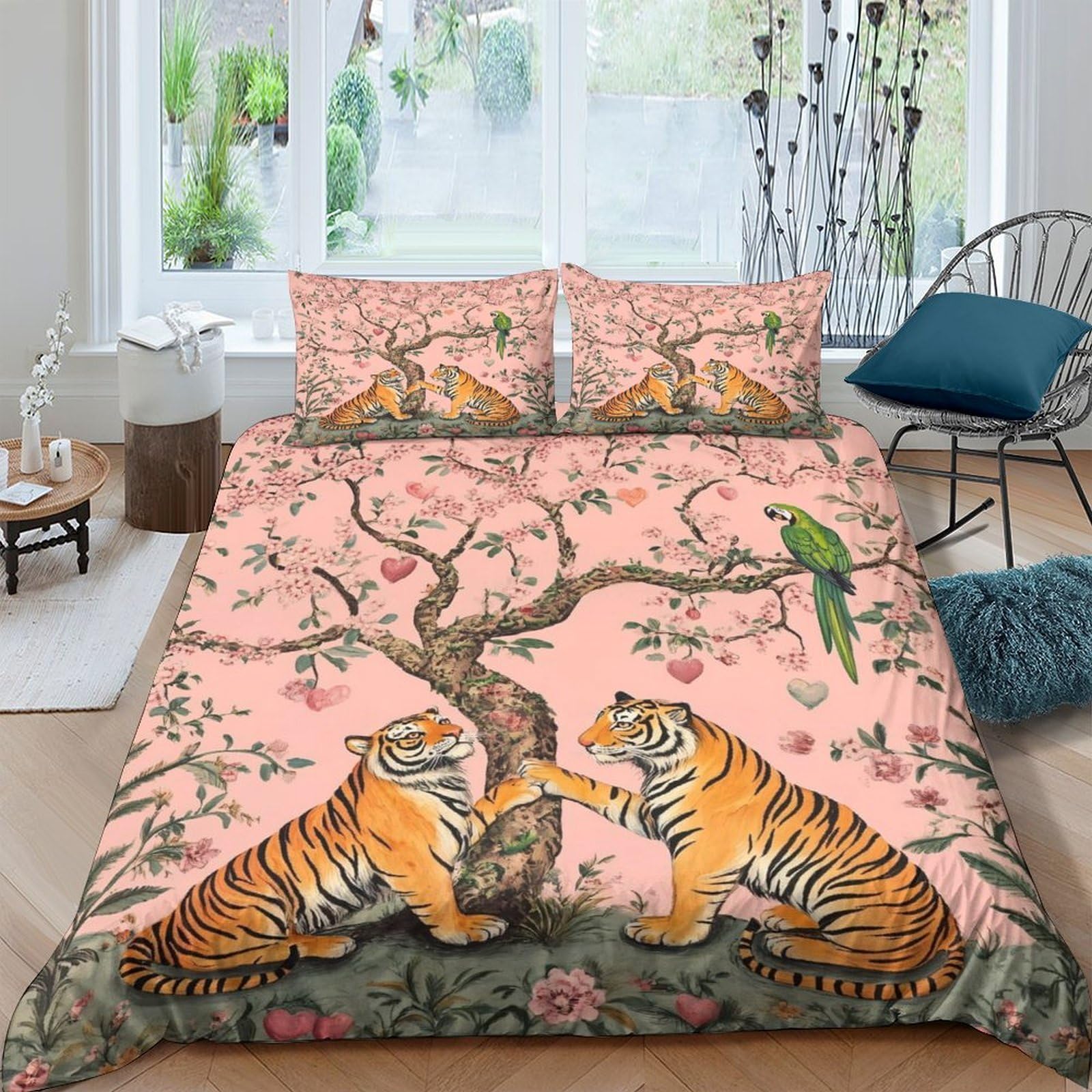 Ctjqhvkz Style-2 3D Printed Tiger Tree Fitted Sheet Microfiber Soft Parrot Bird Mattress Cover For Bedroom Guest Room Decor Easy Care Single（135X200cm）