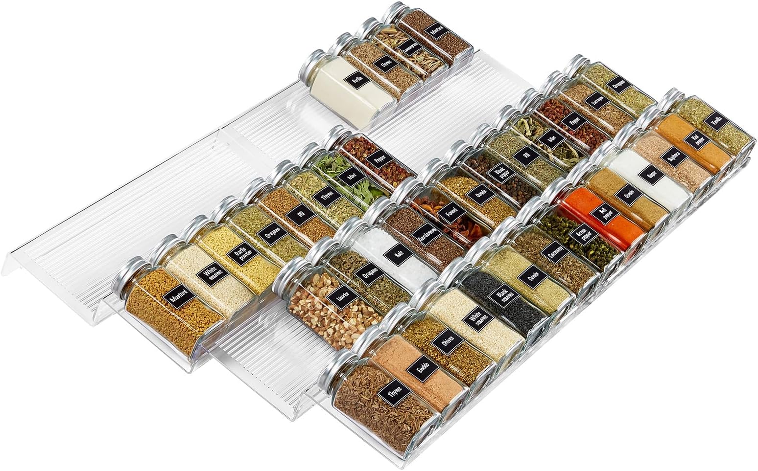 Lifewit Spice Drawer Organiser, Spice Rack for Inside Drawer, Adjustable Seasoning Jars Storage Tray for Cupboard, Acrylic Drawers Shelf for Kitchen, Countertop, Cabinet, 4 Tiers, Set of 8, Black