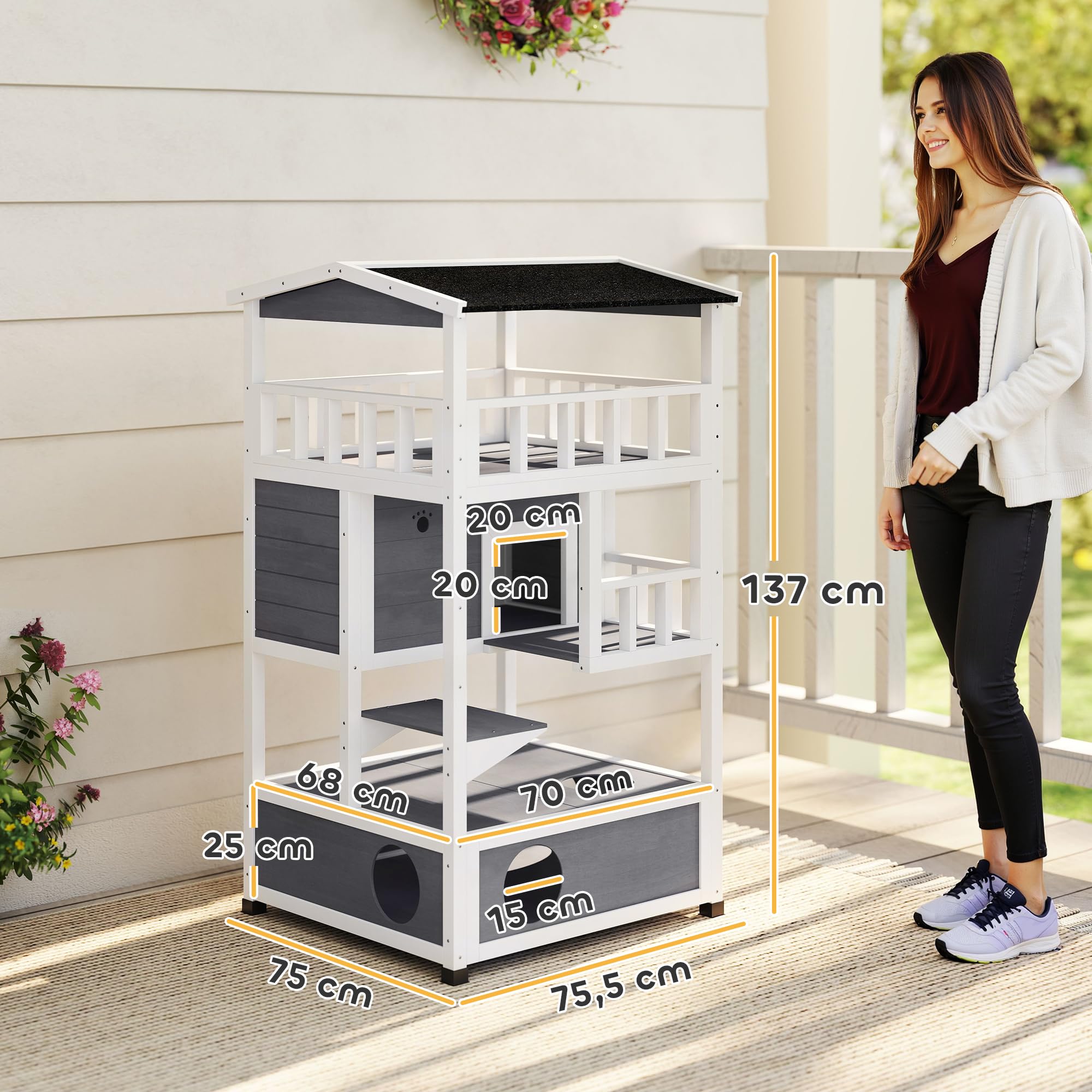 Pawhut Casa para gatos de madera de abeto con gran espacio de 4 niveles y espacio extraíble para arena, 78 x 76 x 140 cm, gris y blanco