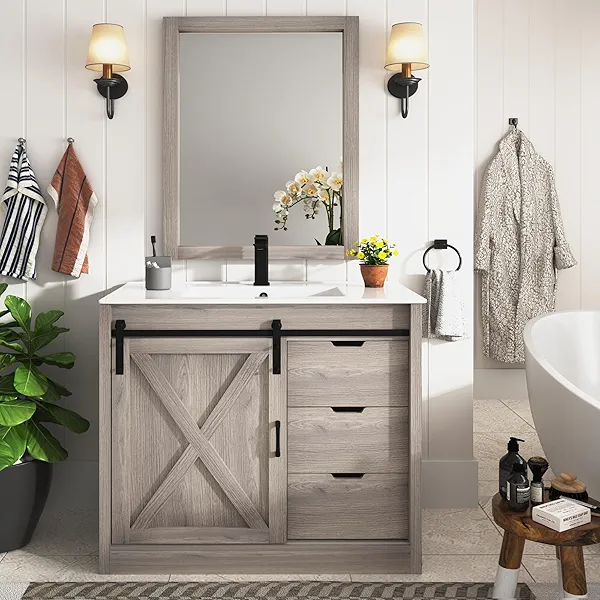 chartustriable 36 Inch Bathroom Vanity with Sink & Faucet & Mirror, Farmhouse Bathroom Vanity Cabinet Set with Sliding Barn Door & Drawers, Small Single Bath Storage Vanity Sink, Grey