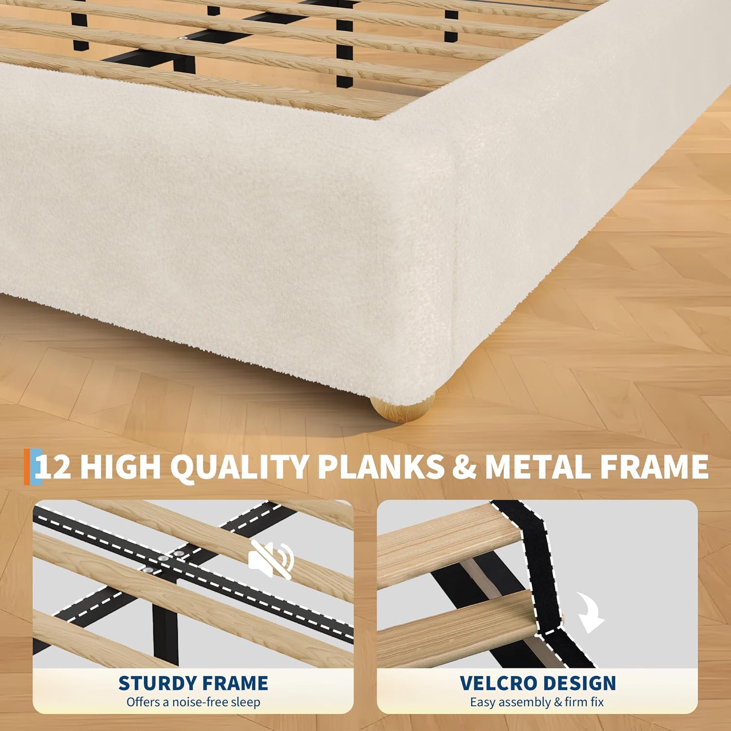 GAOMON Twin Size Cloud Bed Frame,Upholstered Platform Bed with Solid Wood Legs, Teddy Fleece Low Bed Frame for Bedroom,No Fixed Headboard, No Box Spring Needed,Noise Free, Easy Assembly,Cream