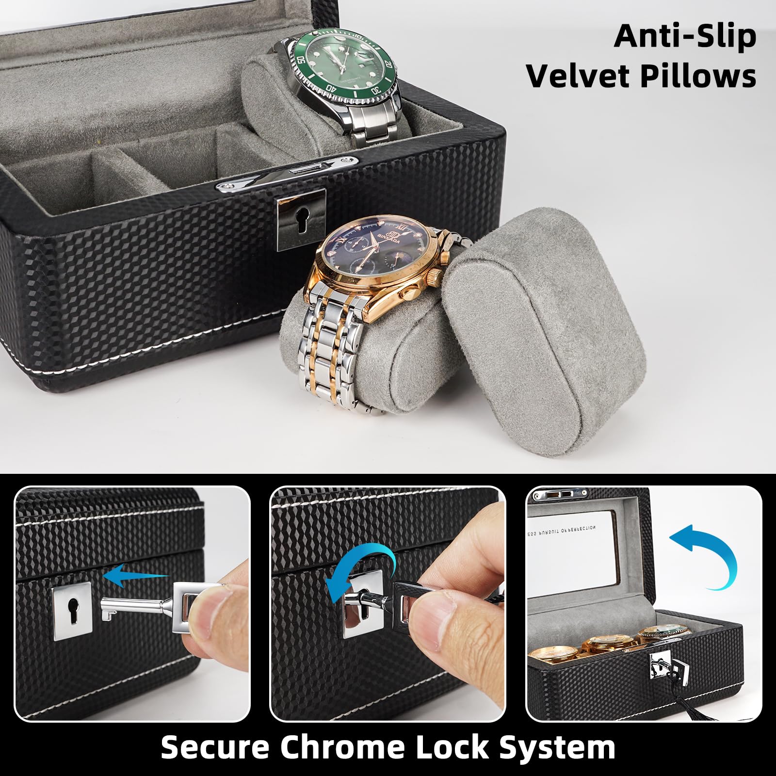 Scatola per orologi in pelle di alta qualità, in fibra di carbonio, per 3 orologi, con serratura, portatile, con finestra in vetro, regalo ideale per collezionisti di orologi, viaggiatori, in