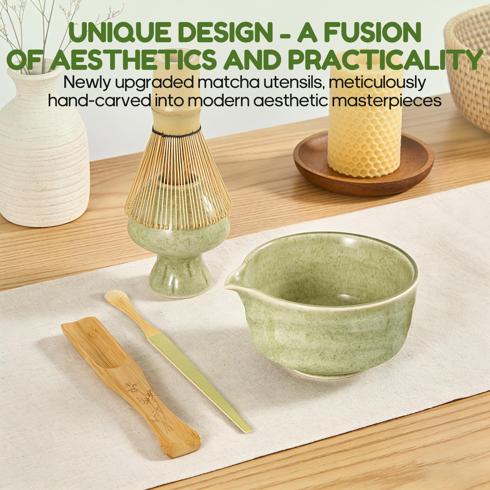 Matcha Kit, 6 Pezzi Set con Frusta per Matcha, Ciotola, 2 Cucchiaio, Setaccio e Supporto in Ceramica per Frusta, Ottimo Regalo Artigianale Tradizionale per gli Amanti del Matcha (Verde)