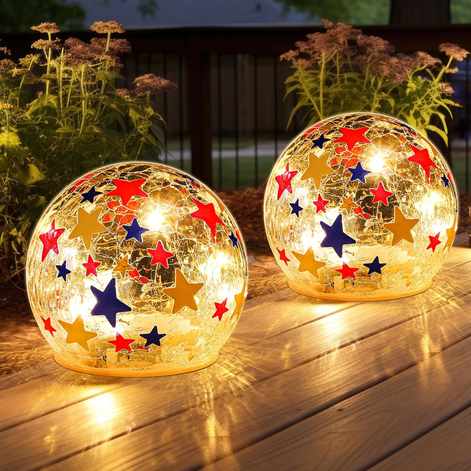 Rossesay 2 Pcs 3.9 inch Independence Day Balls Memorial Crackle Glass Night Light Waterproof Battery Operated Glass Globe Ball Lamp for July 4th Table Decor Birthday Gift Decorative (Star)
