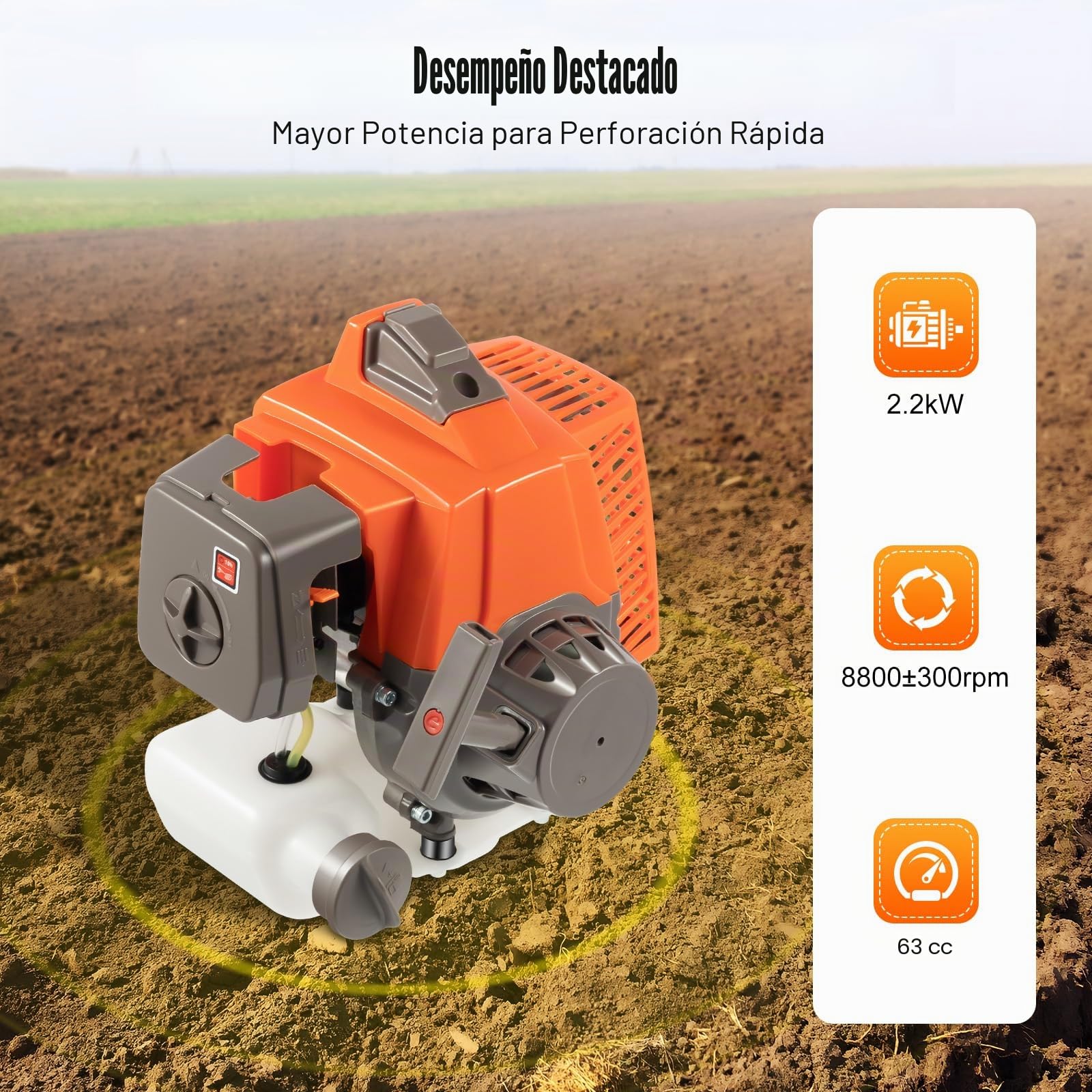 Broca de tierra de gasolina de 2 tiempos, 63 CC, 2,2 kW, con ruedas, taladro de gasolina, taladro de tierra de 300 mm de diámetro, para carretilla, color naranja