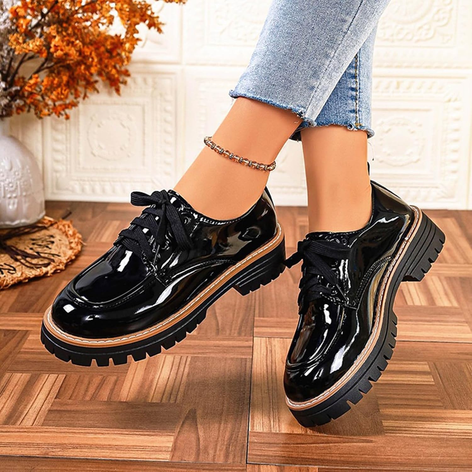 Platform Oxfords for Women Patent Leather Lace-Up Chunky Lug Sole Shoes