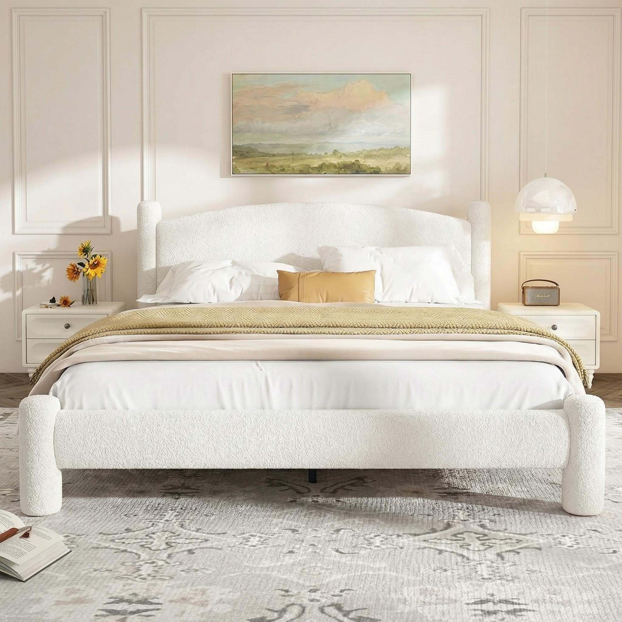 Photo 1 of *** UNKNOWN MISSING PARTS***GAOMON Queen Size Boucle Bed Frame, Upholstered Platform Cloud Bed with Soft Round Headboard & Cylindrical Legs, Noise Free & Heavy Duty, No Box Spring Needed, Easy Assembly, White