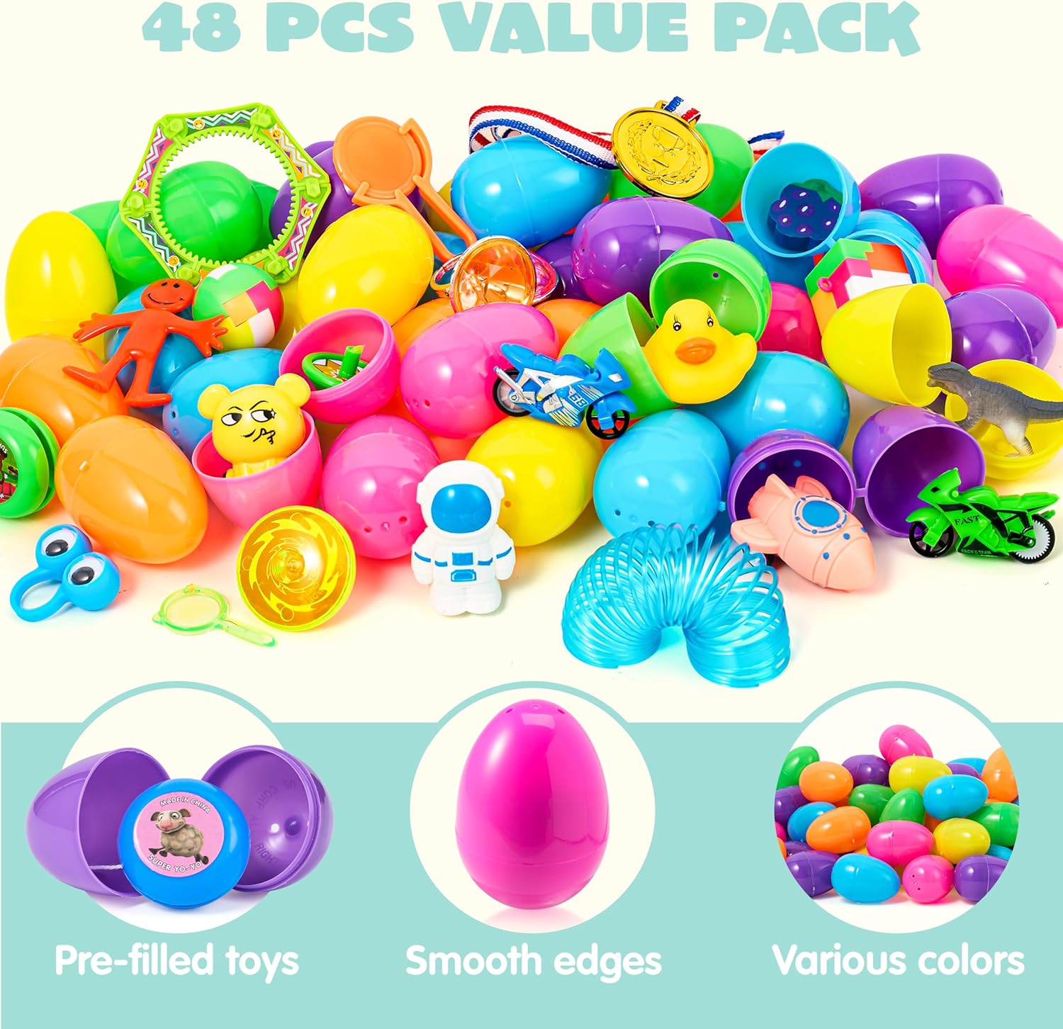 JOYIN 48Pcs Easter Eggs with Toys Inside, Prefilled Easter Eggs with Popular Assorted Toys for Kids Boys Girls, Basket Stuffers Filler, Party Favors, Classroom Exchange