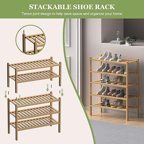 Miniatura 5 de (Zapatero de bambú grueso para entrada, zapatero de 2 niveles de pie, organizador de zapatos apilable para pasillo, armario, sala de estar, 27 x 12
